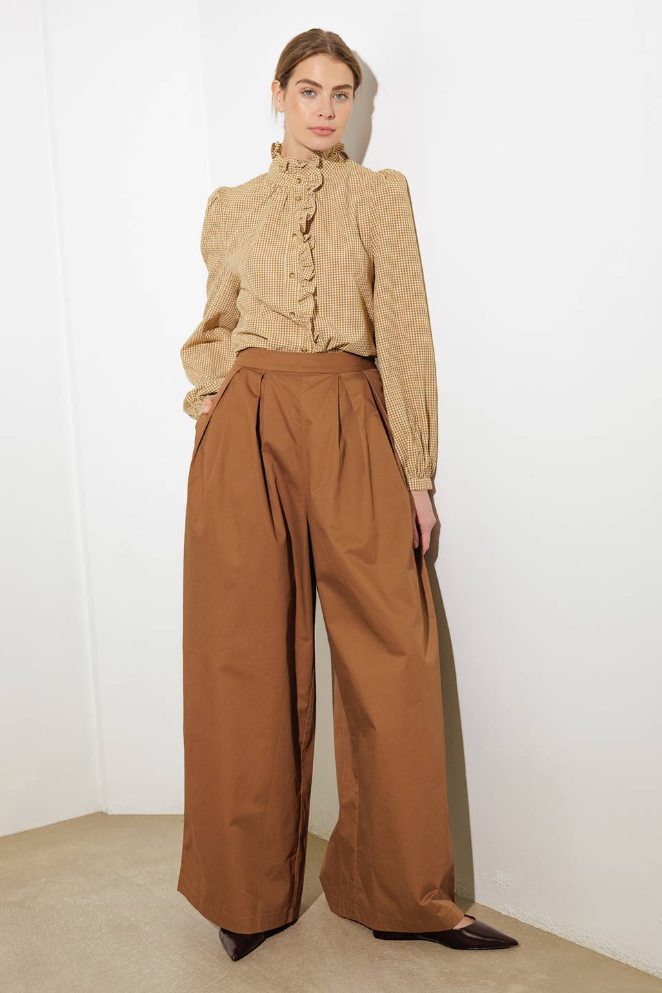 Ruffled High Neckline Long Sleeve Shirt | Trendy Shirts Outfit Idea for Women by Ro + Ivy | Elevated Basics, Modern Comfort & Style