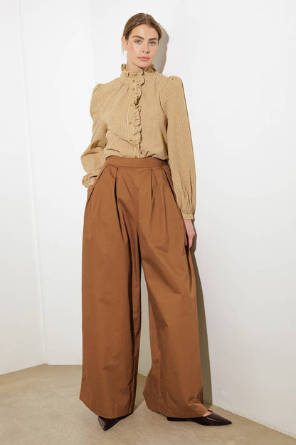 Ruffled High Neckline Long Sleeve Shirt | Trendy Shirts Outfit Idea for Women by Ro + Ivy | Elevated Basics, Modern Comfort & Style