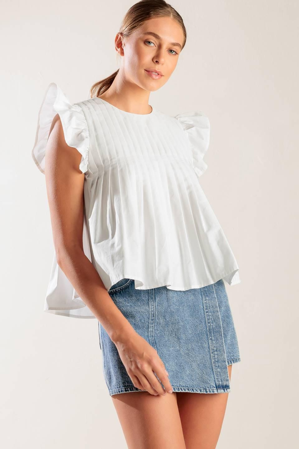 Pleated Babydoll Ruffled Short Sleeve Top