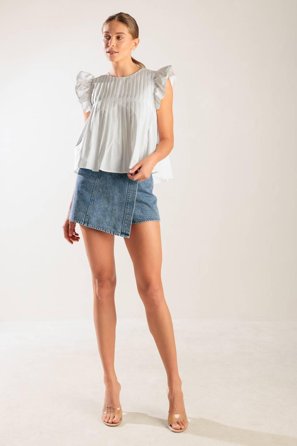 Pleated Babydoll Ruffled Short Sleeve Top