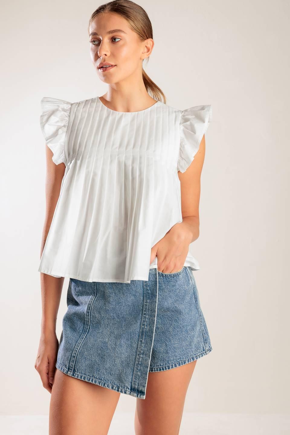 Pleated Babydoll Ruffled Short Sleeve Top WHITE