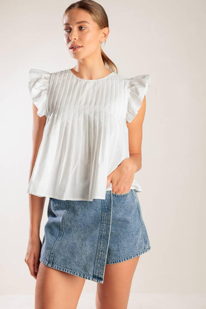 Pleated Babydoll Ruffled Short Sleeve Top WHITE