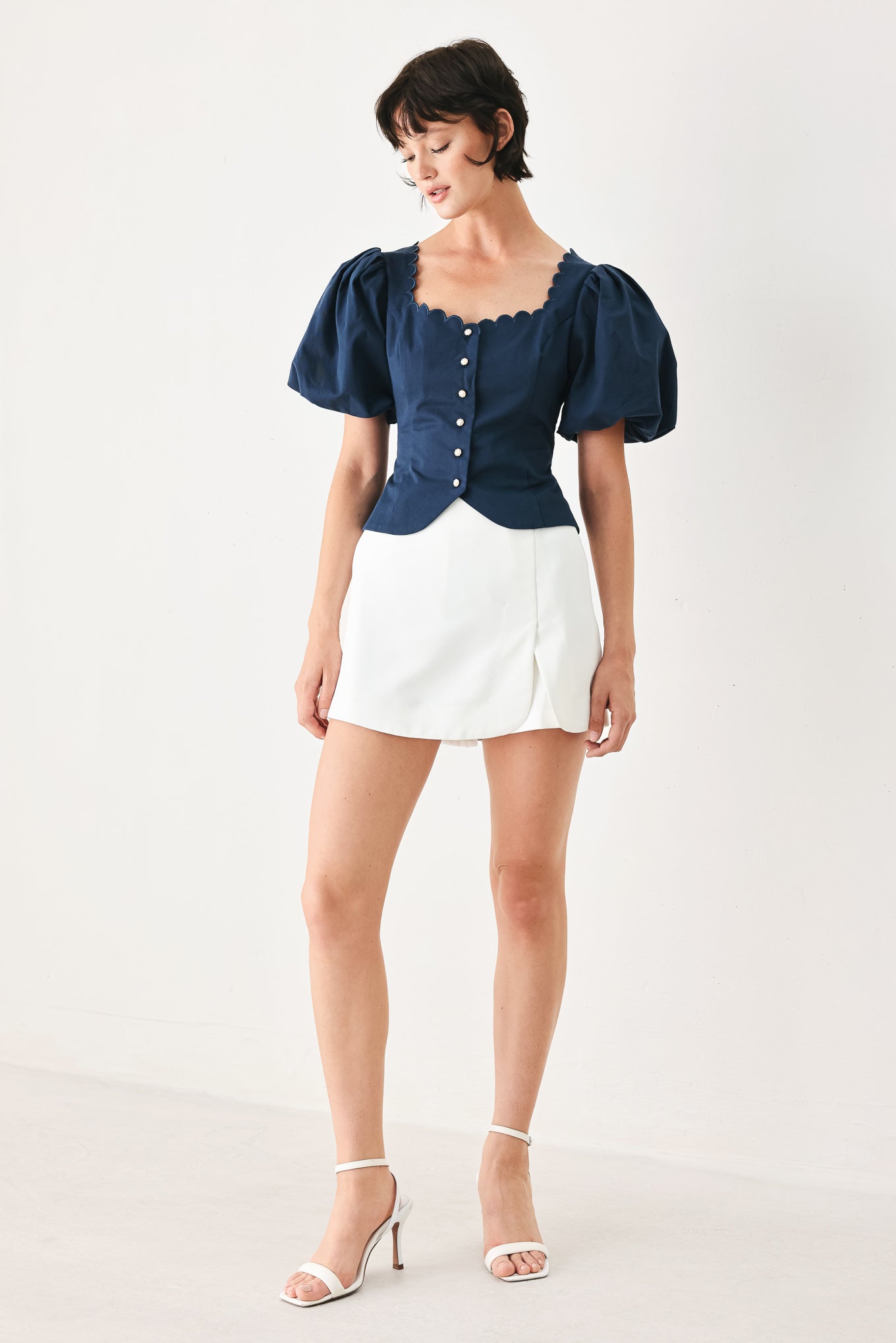 Scalloped Button Front Puff Sleeve Top