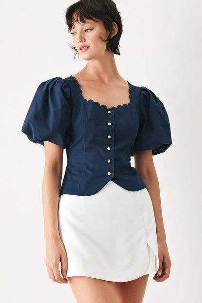 Scalloped Button Front Puff Sleeve Top NAVY