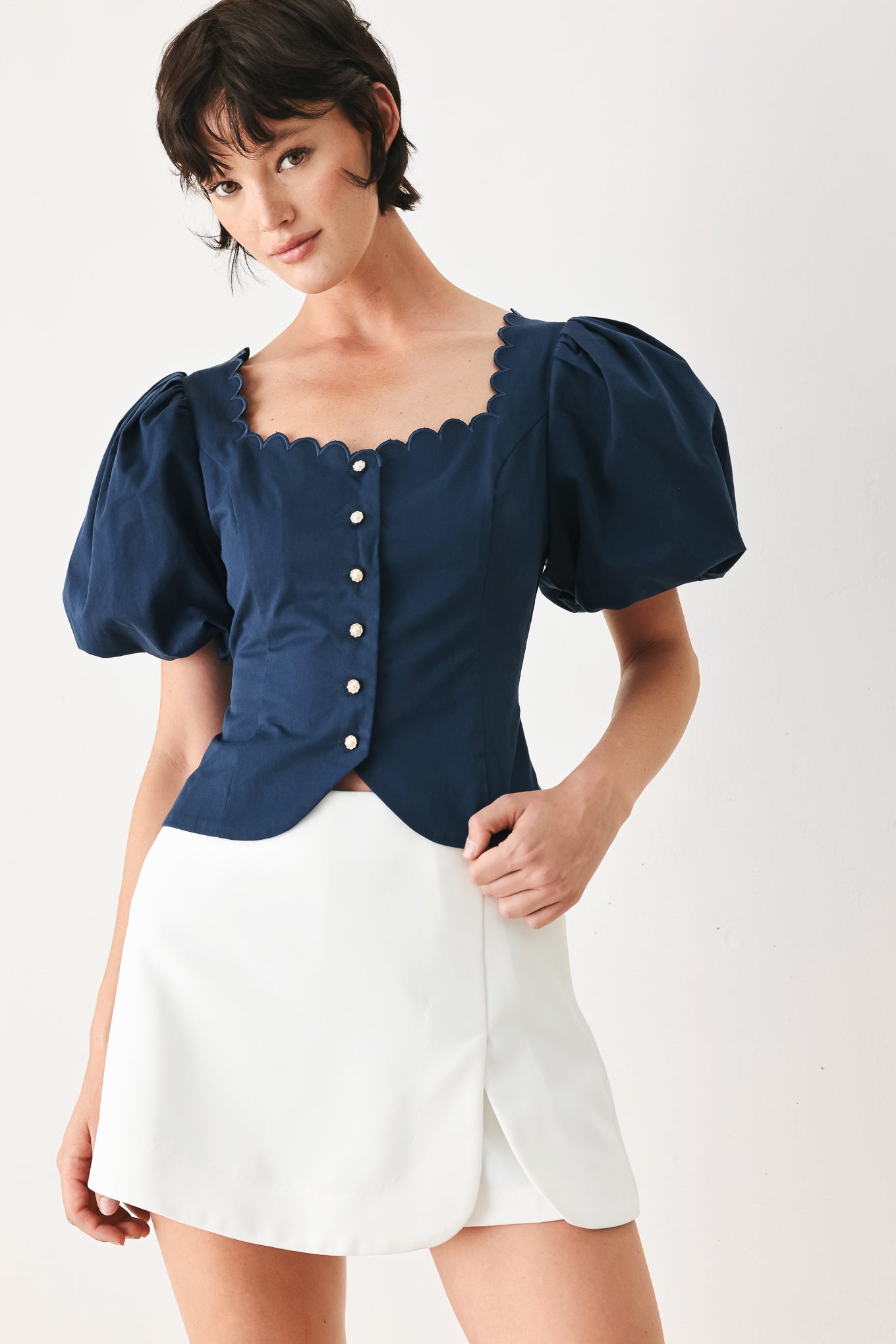 Scalloped Button Front Puff Sleeve Top