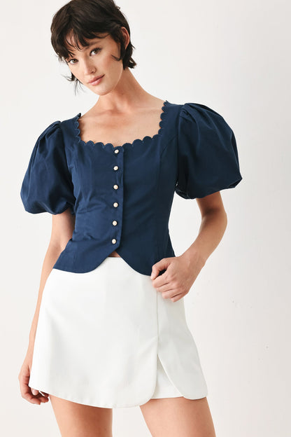 Scalloped Button Front Puff Sleeve Top