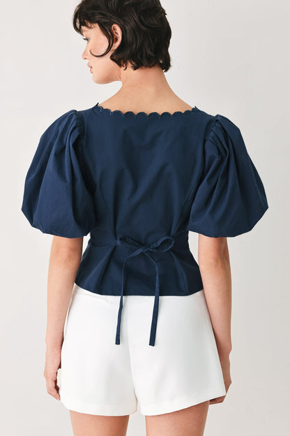 Scalloped Button Front Puff Sleeve Top
