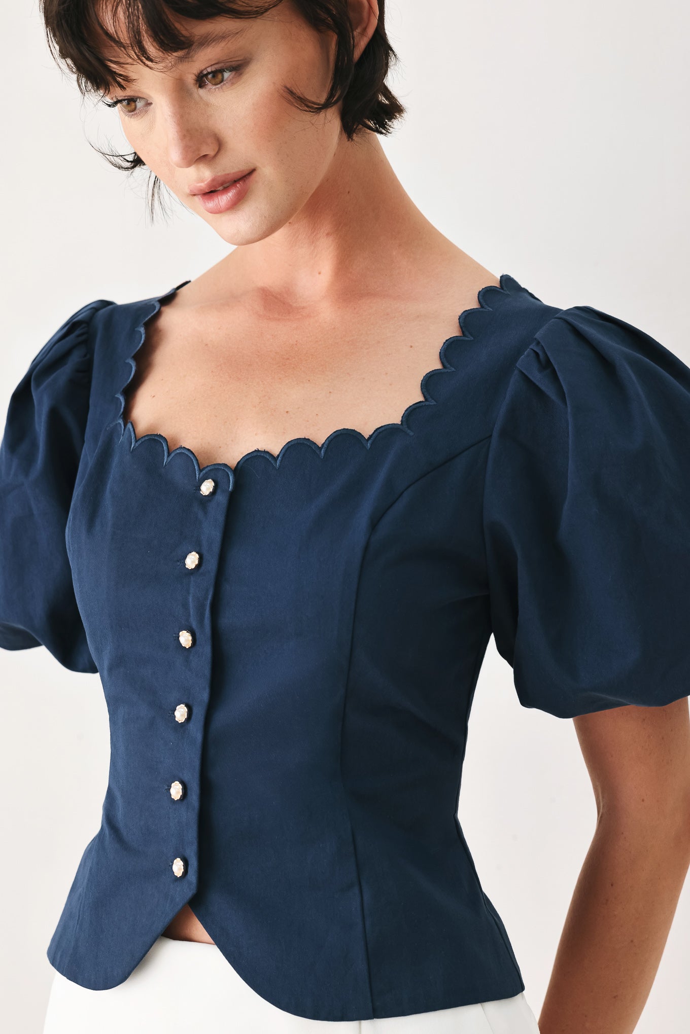 Scalloped Button Front Puff Sleeve Top