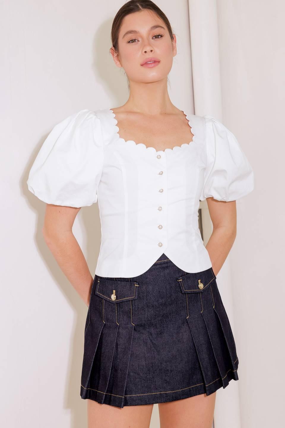 Scalloped Button Front Puff Sleeve Top