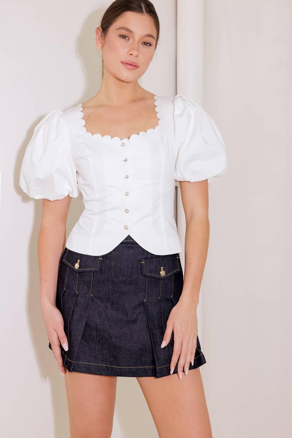 Scalloped Button Front Puff Sleeve Top