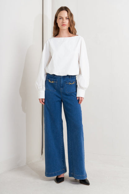 Minimalist Long Sleeve Boat Neck Cotton Shirt | Trendy Shirts Outfit Idea for Women by Ro + Ivy | Elevated Basics, Modern Comfort & Style