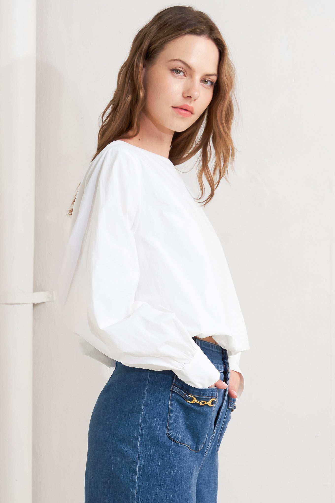 Minimalist Long Sleeve Boat Neck Cotton Shirt | Trendy Shirts Outfit Idea for Women by Ro + Ivy | Elevated Basics, Modern Comfort & Style