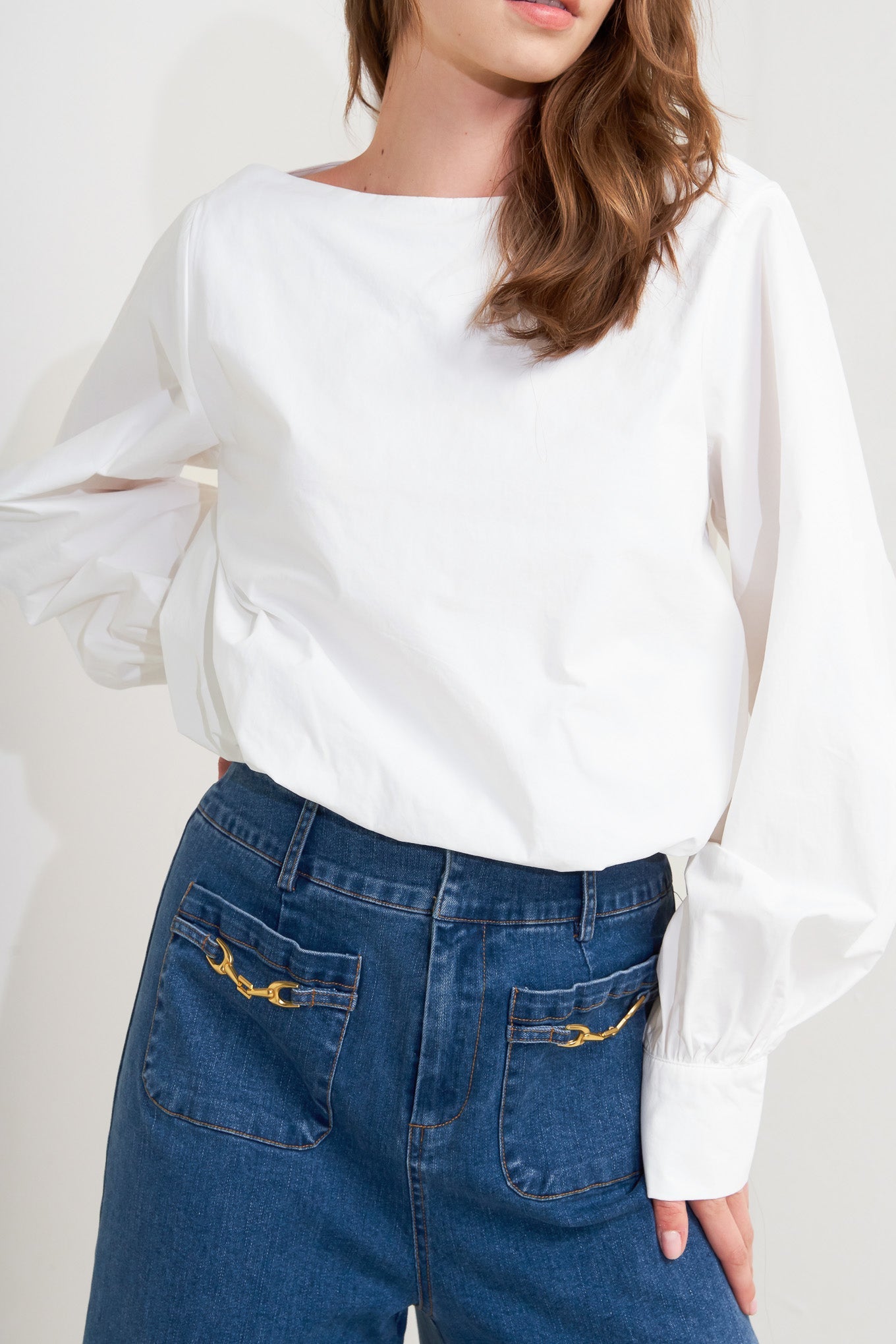 Minimalist Long Sleeve Boat Neck Cotton Shirt | Trendy Shirts Outfit Idea for Women by Ro + Ivy | Elevated Basics, Modern Comfort & Style