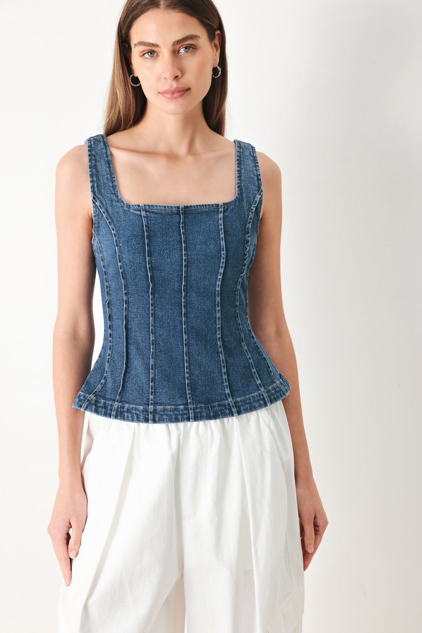 Fitted Sleeveless Square Neck Denim Top