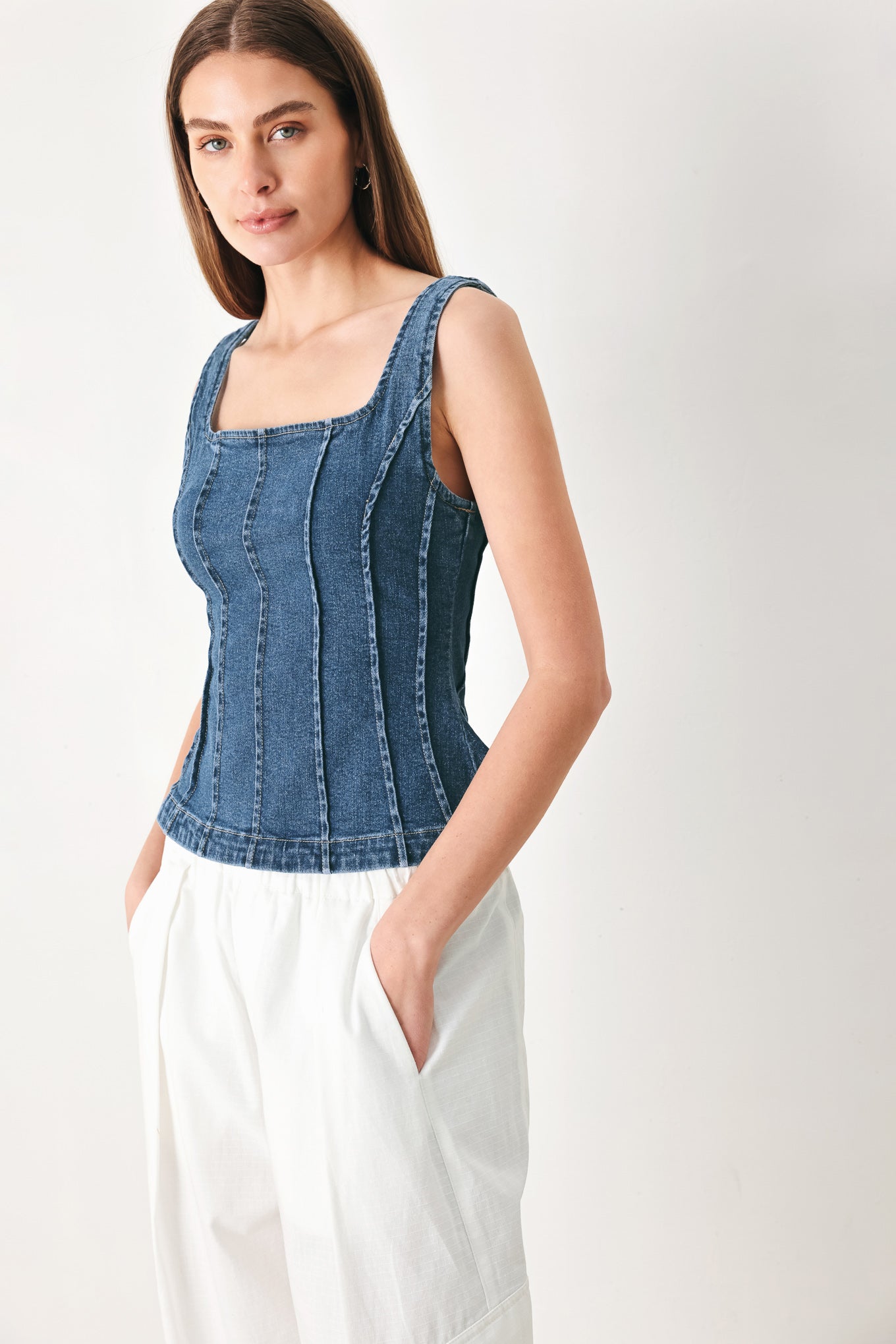 Fitted Sleeveless Square Neck Denim Top