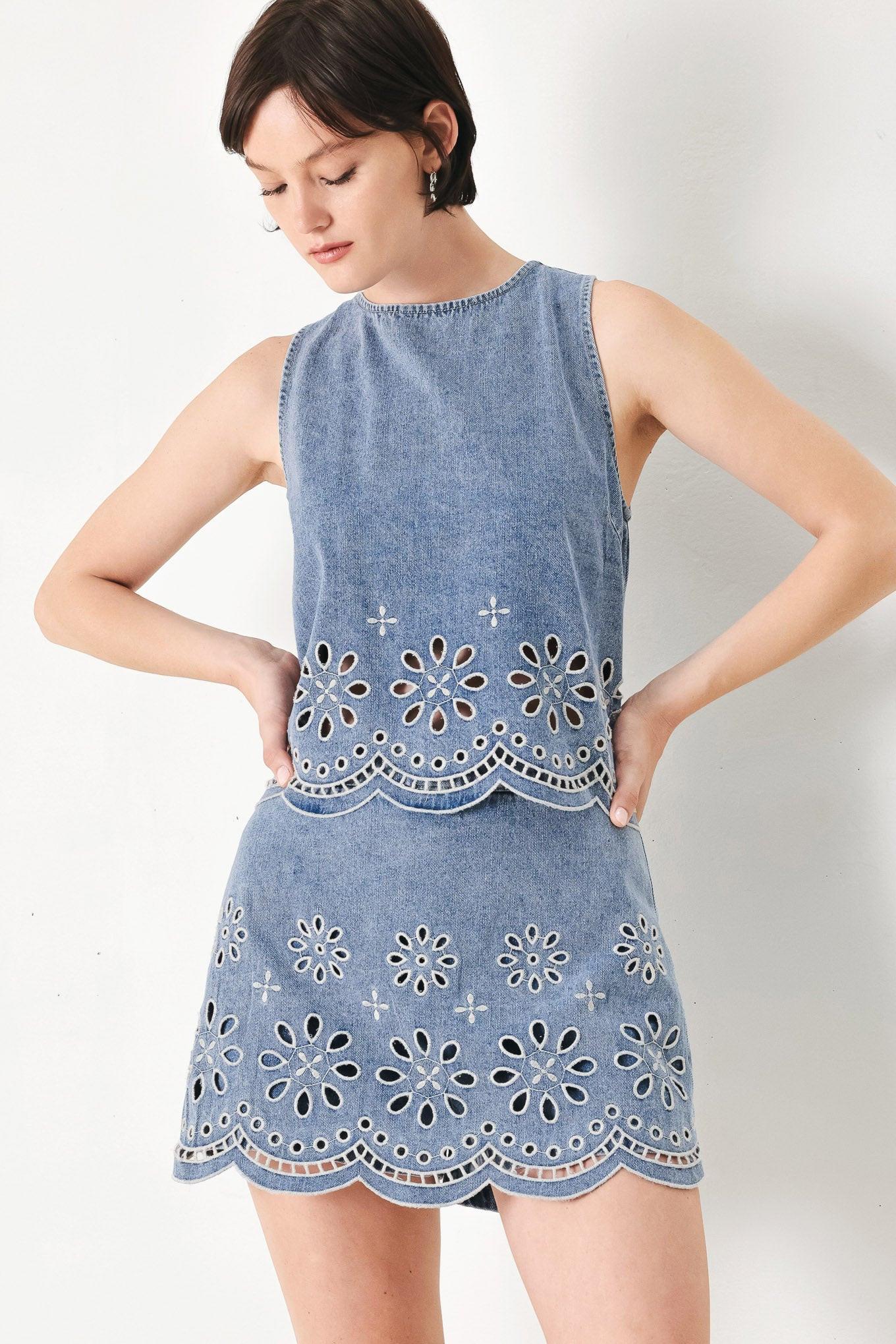 Floral Eyelet Cutouts Denim Top with Scalloped Hem