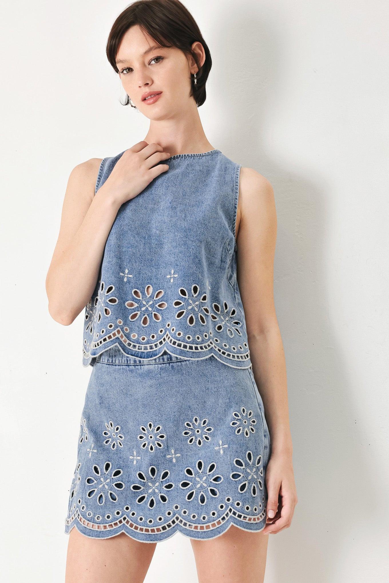 Floral Eyelet Cutouts Denim Top with Scalloped Hem