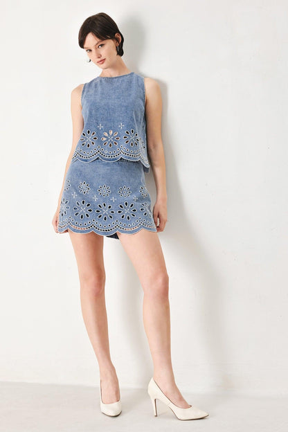 Floral Eyelet Cutouts Denim Top with Scalloped Hem