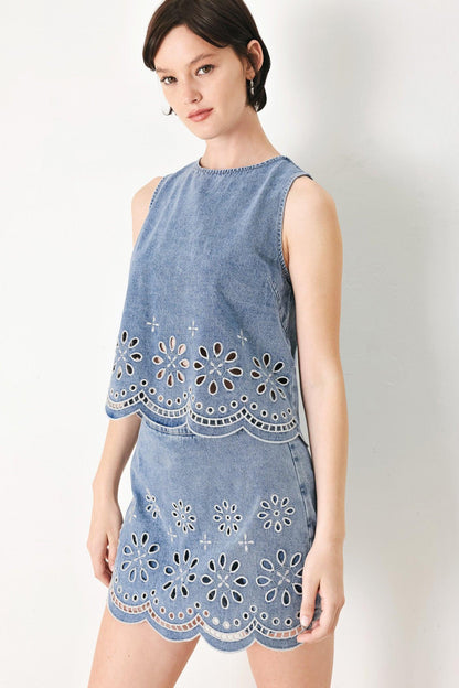 Floral Eyelet Cutouts Denim Top with Scalloped Hem