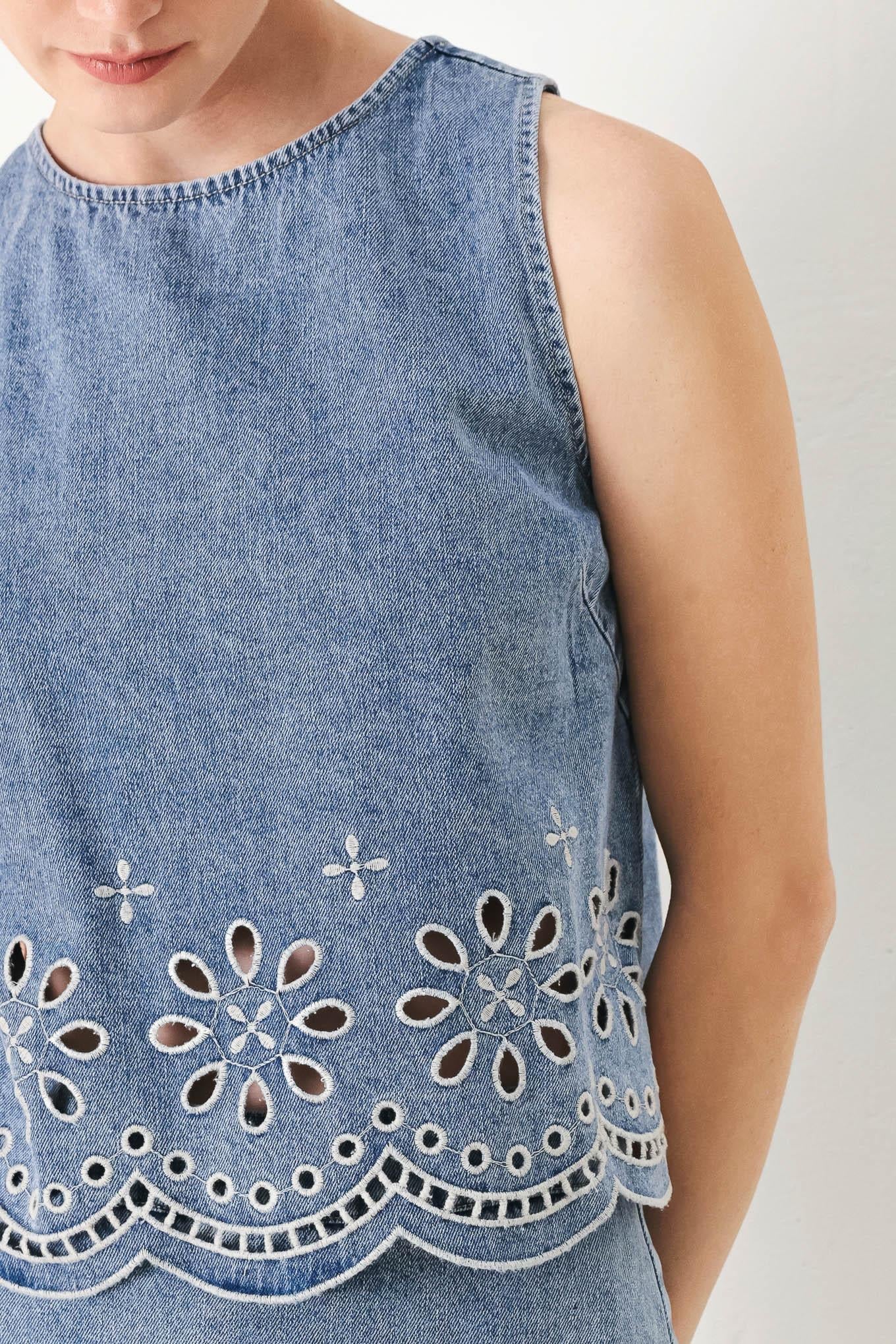 Floral Eyelet Cutouts Denim Top with Scalloped Hem