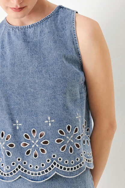Floral Eyelet Cutouts Denim Top with Scalloped Hem