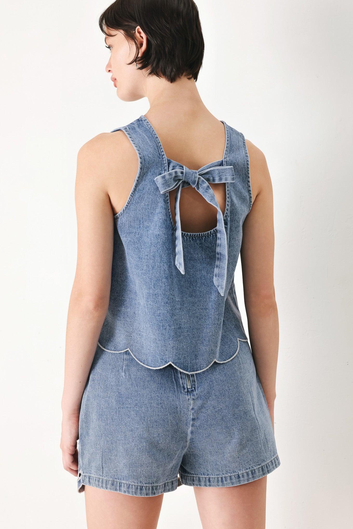 Floral Eyelet Cutouts Denim Top with Scalloped Hem
