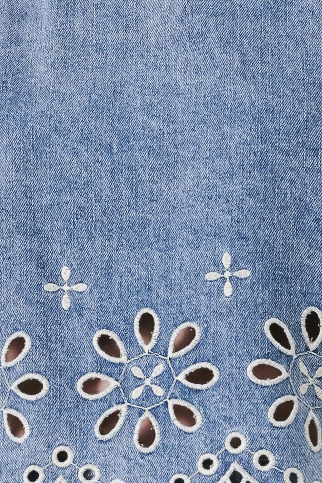 Floral Eyelet Cutouts Denim Top with Scalloped Hem