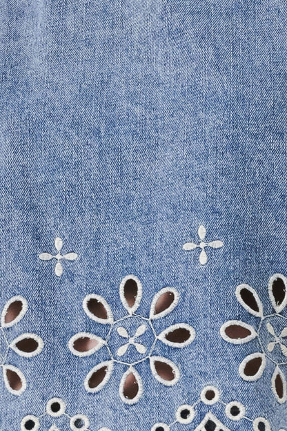 Floral Eyelet Cutouts Denim Top with Scalloped Hem