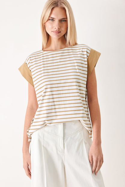 Striped Loose Knit Top with Side Slit Buttons