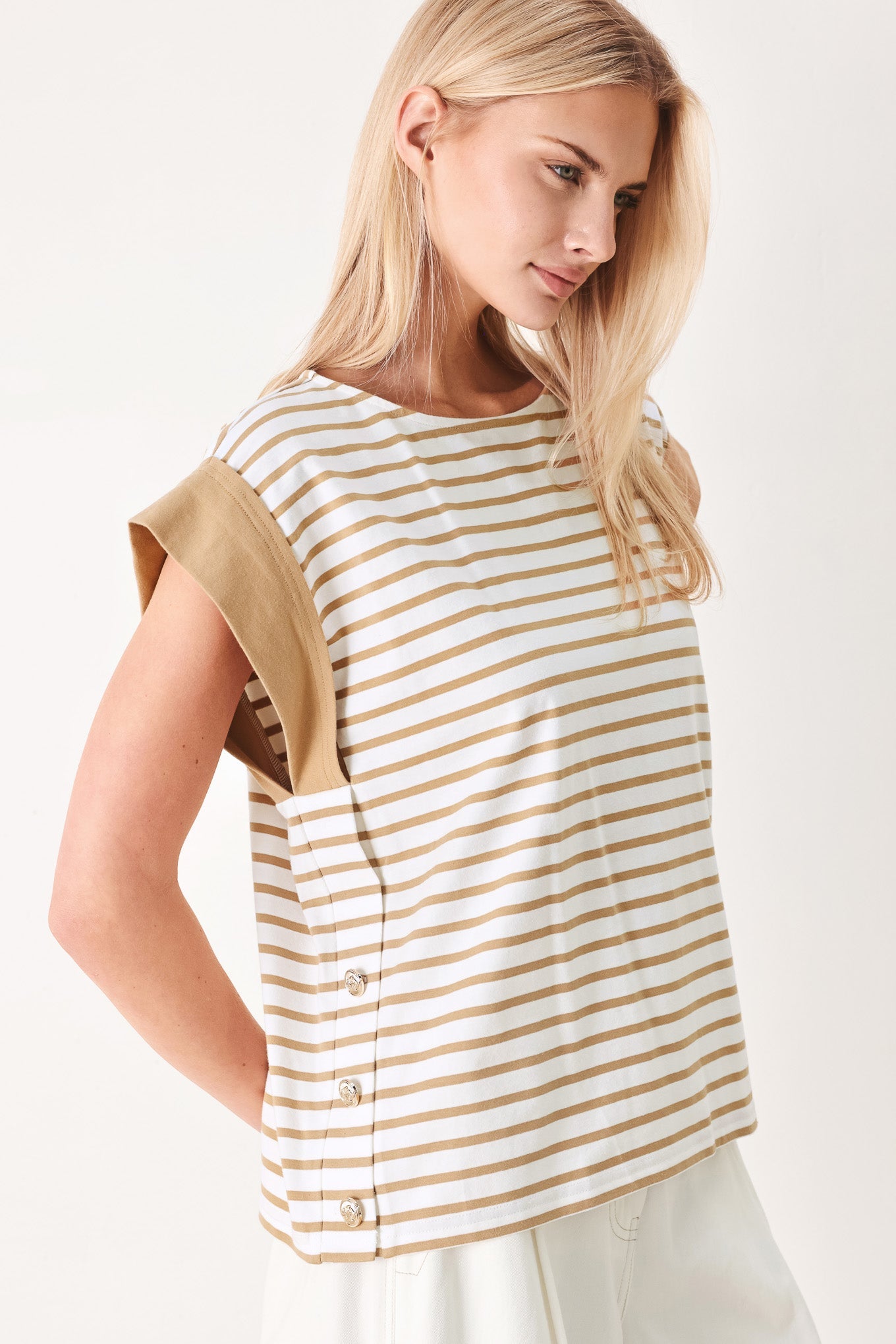 Striped Loose Knit Top with Side Slit Buttons