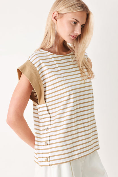 Striped Loose Knit Top with Side Slit Buttons