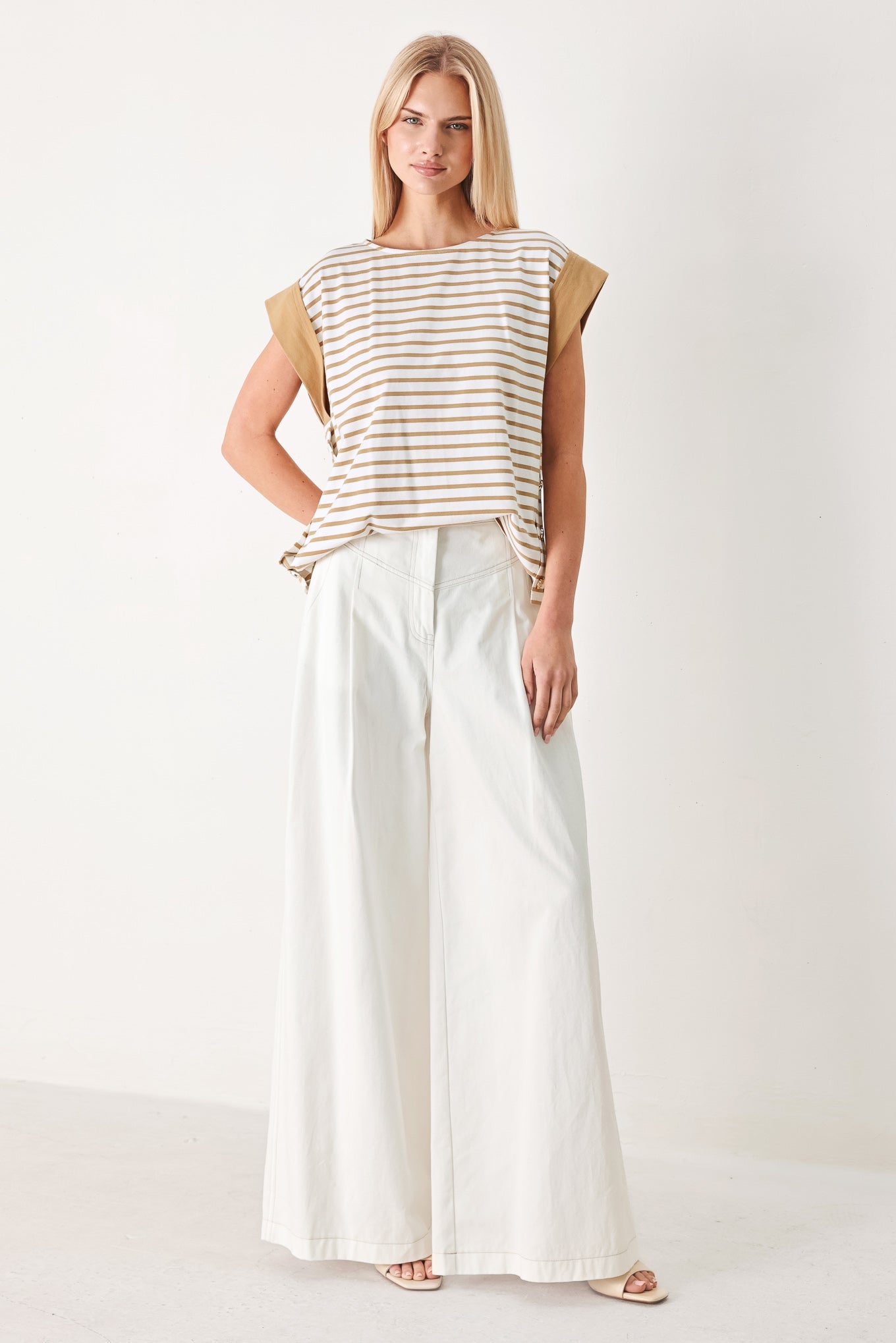 Striped Loose Knit Top with Side Slit Buttons