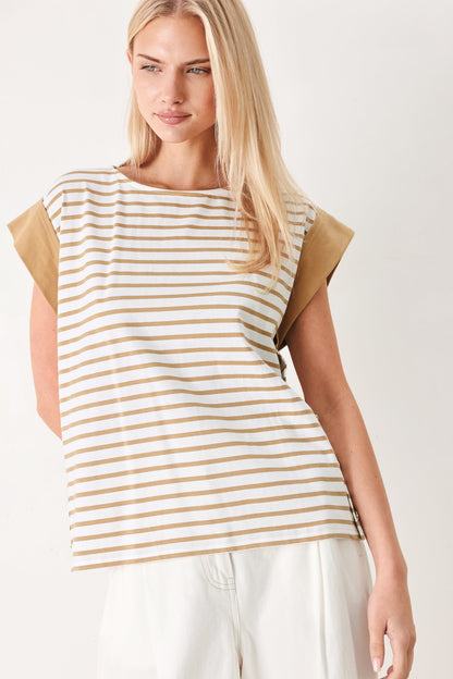 Striped Loose Knit Top with Side Slit Buttons