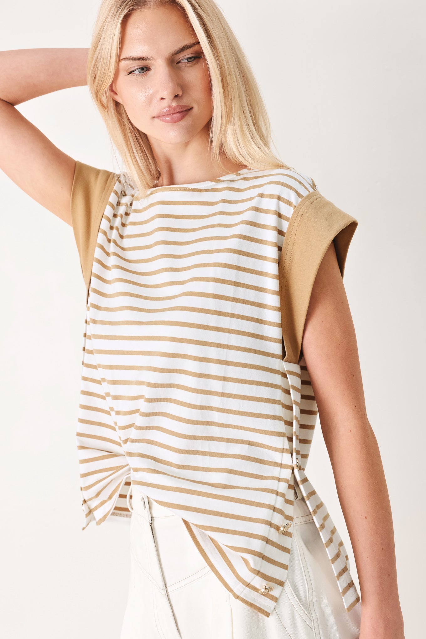 Striped Loose Knit Top with Side Slit Buttons