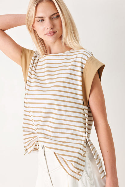 Striped Loose Knit Top with Side Slit Buttons