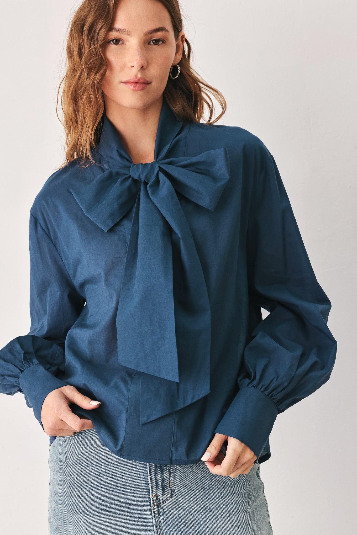 Ocean Ink Pussy-Bow Woven Top