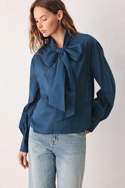 Ocean Ink Pussy-Bow Woven Top