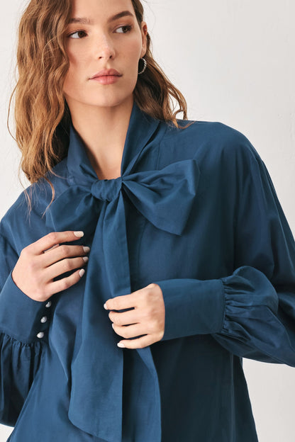 Ocean Ink Pussy-Bow Woven Top