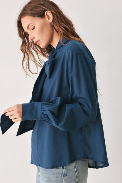 Ocean Ink Pussy-Bow Woven Top