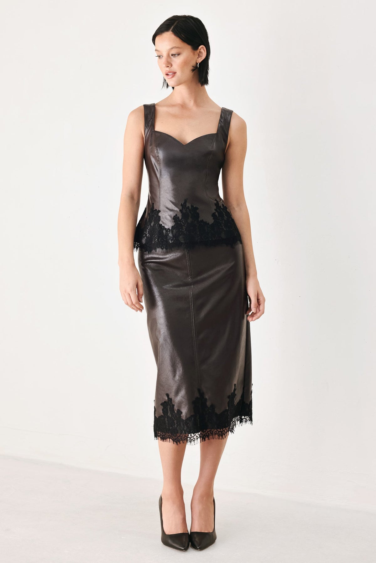 Dark Brown Faux Leather Sleeveless Top with Sweetheart Neckline and Black Lace Trim