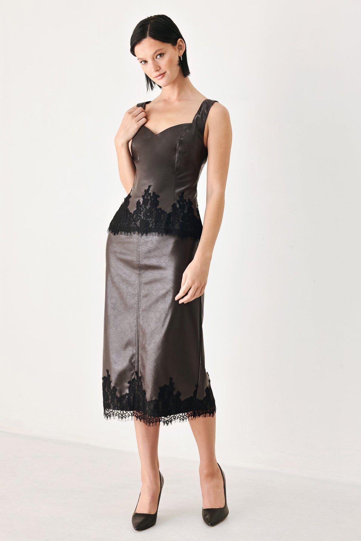 Dark Brown Faux Leather Sleeveless Top with Sweetheart Neckline and Black Lace Trim