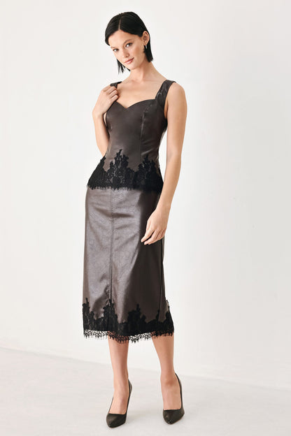 Dark Brown Faux Leather Sleeveless Top with Sweetheart Neckline and Black Lace Trim