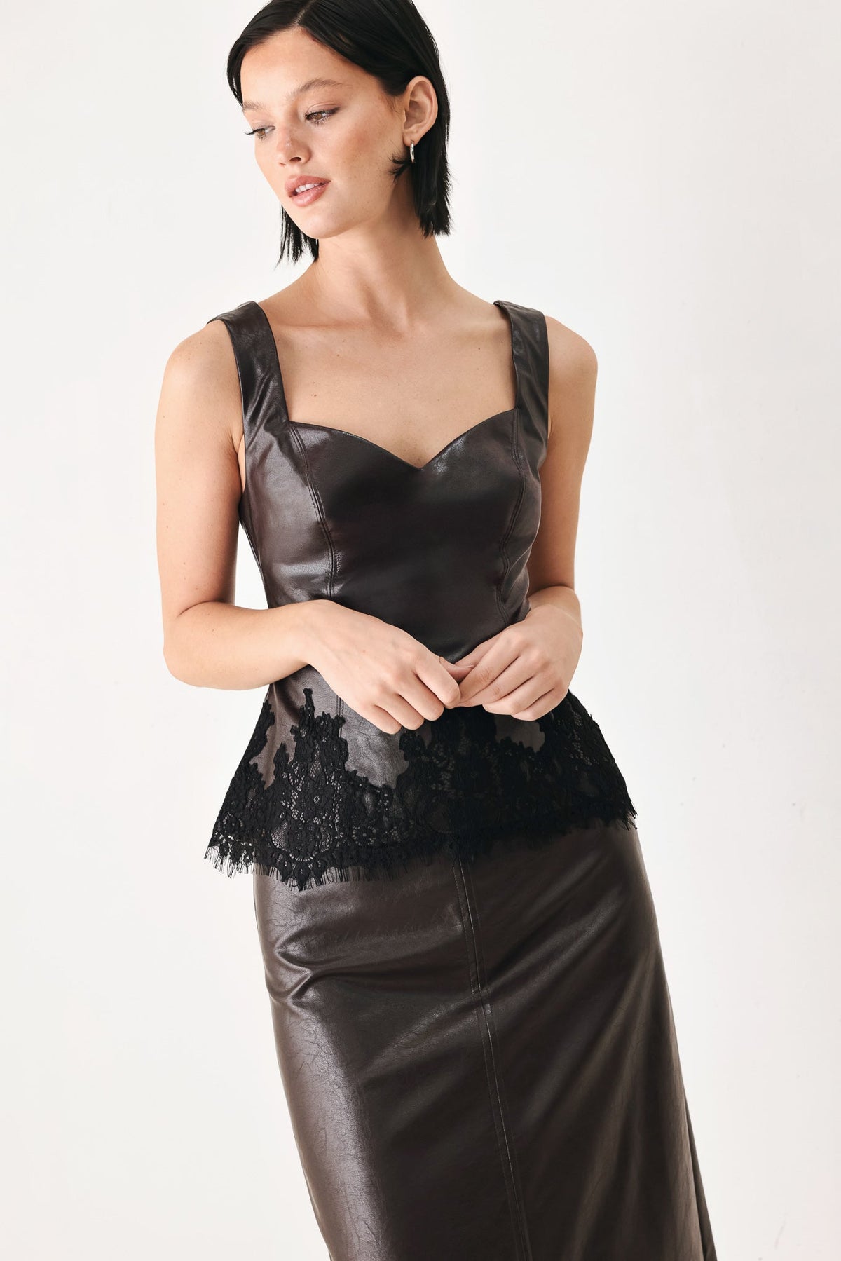 Dark Brown Faux Leather Sleeveless Top with Sweetheart Neckline and Black Lace Trim