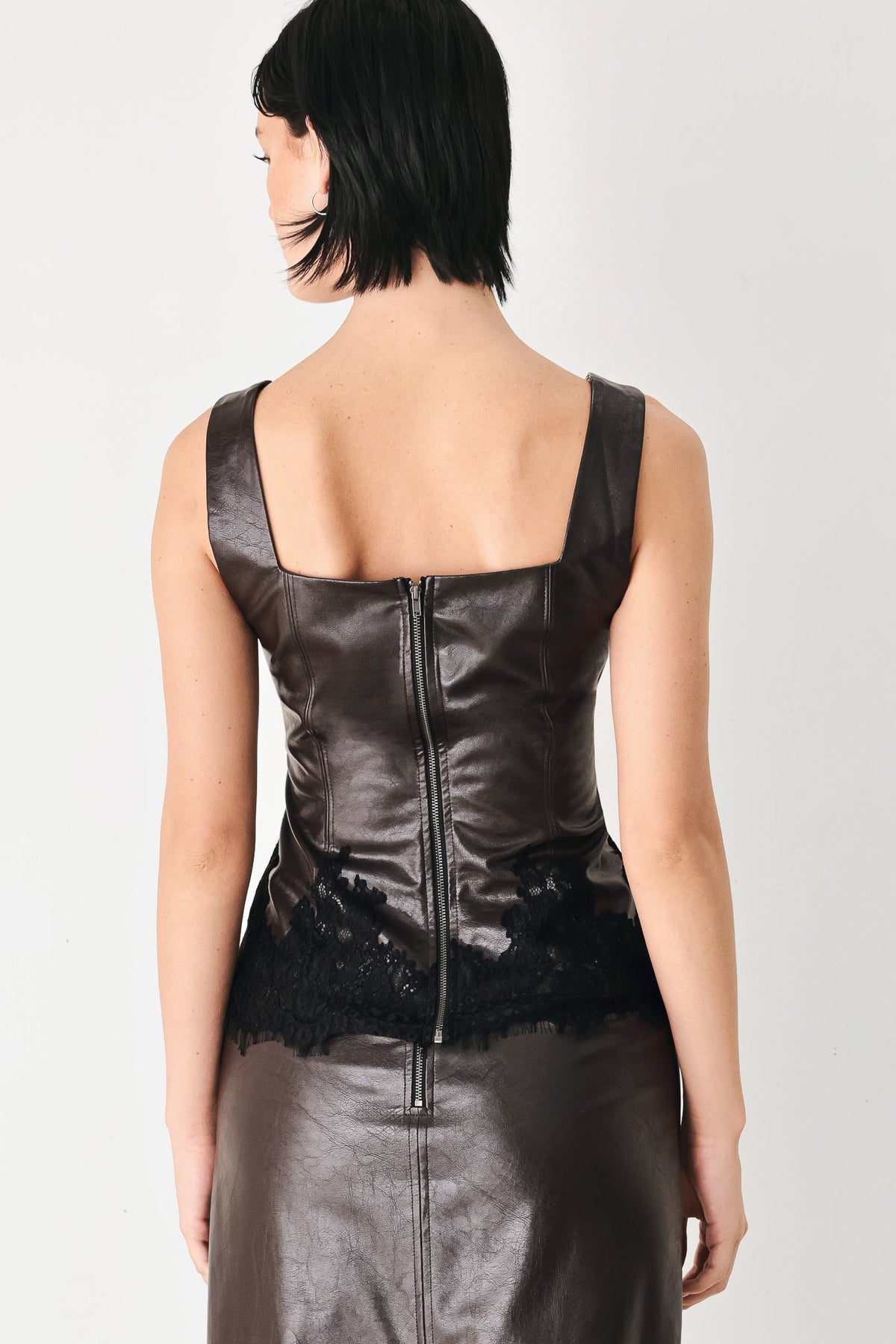 Dark Brown Faux Leather Sleeveless Top with Sweetheart Neckline and Black Lace Trim