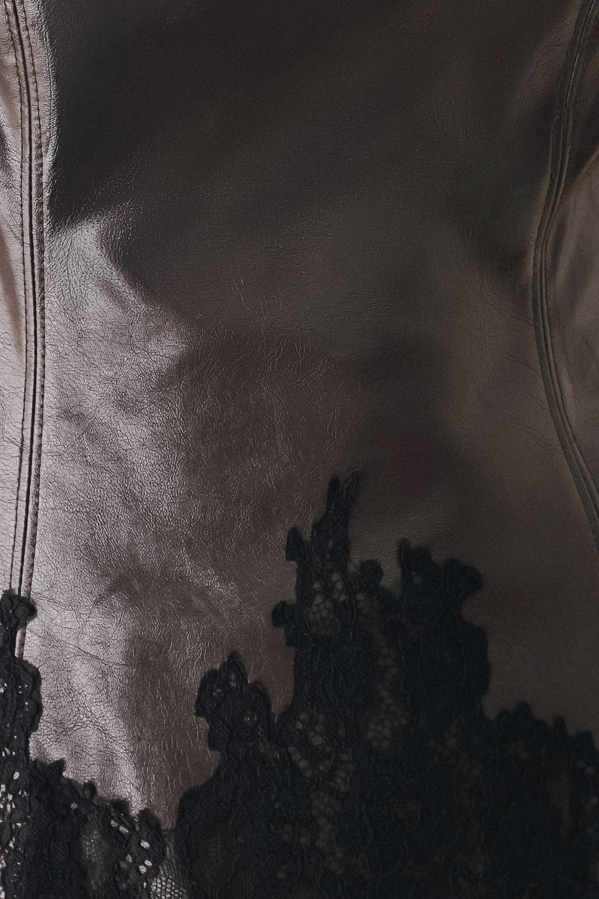 Dark Brown Faux Leather Sleeveless Top with Sweetheart Neckline and Black Lace Trim