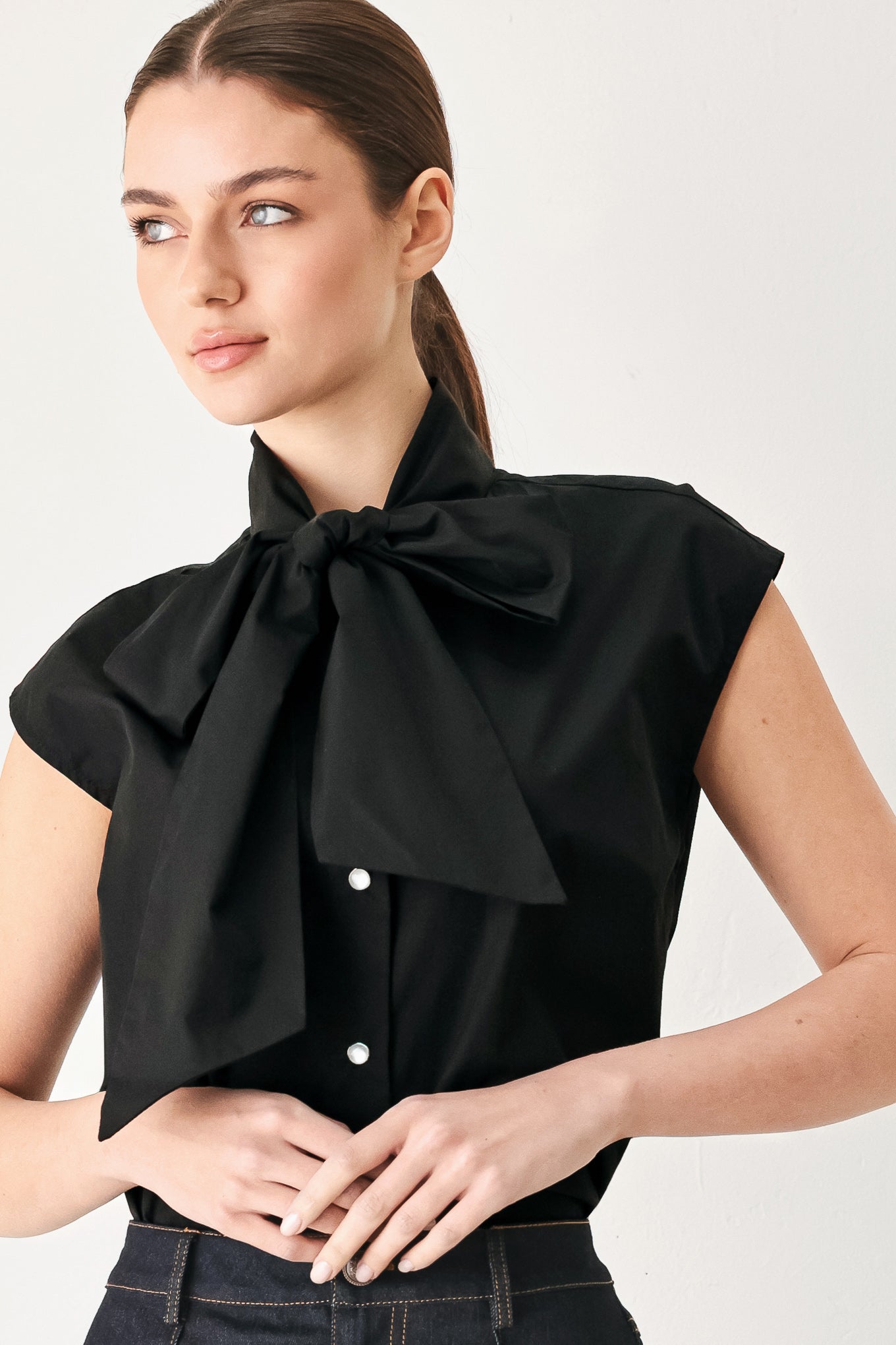 Tie Front Bow Button Up Blouse BLACK