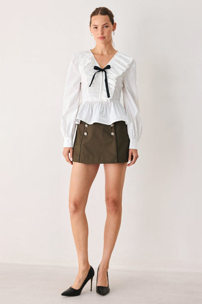 Long Sleeve Pleated Ruffle V-Neck Peplum Top