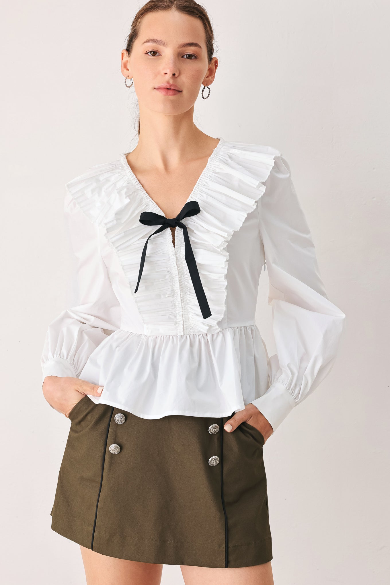 Long Sleeve Pleated Ruffle V-Neck Peplum Top