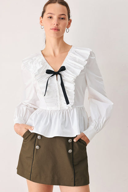 Long Sleeve Pleated Ruffle V-Neck Peplum Top