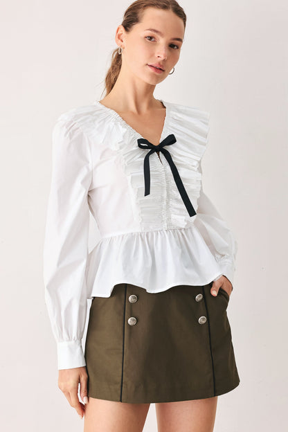 Long Sleeve Pleated Ruffle V-Neck Peplum Top